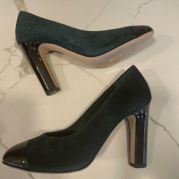 CHANEL 18K Suede Patent Leather Cap Toe Square Heels Pumps Shoes - Picture 1 of 12